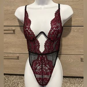 Black and maroon net w/ lace bodysuit. Small.